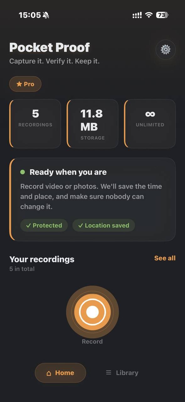 Pocket Proof home screen — dark mode