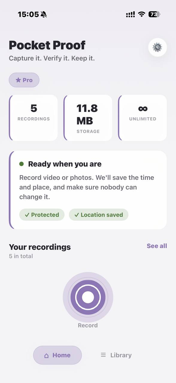 Pocket Proof home screen — light mode