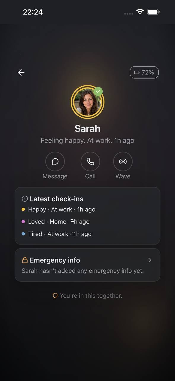 Sarah's member page. Happy. At work. 72% battery